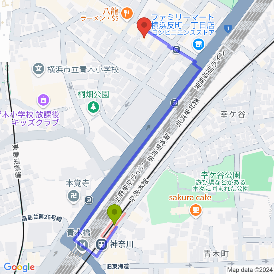 神奈川駅からSTUDIO楽 横浜反町店へのルートマップ地図