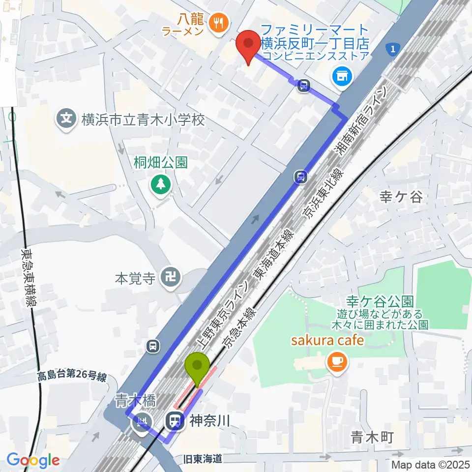 神奈川駅からSTUDIO楽 横浜反町店へのルートマップ地図