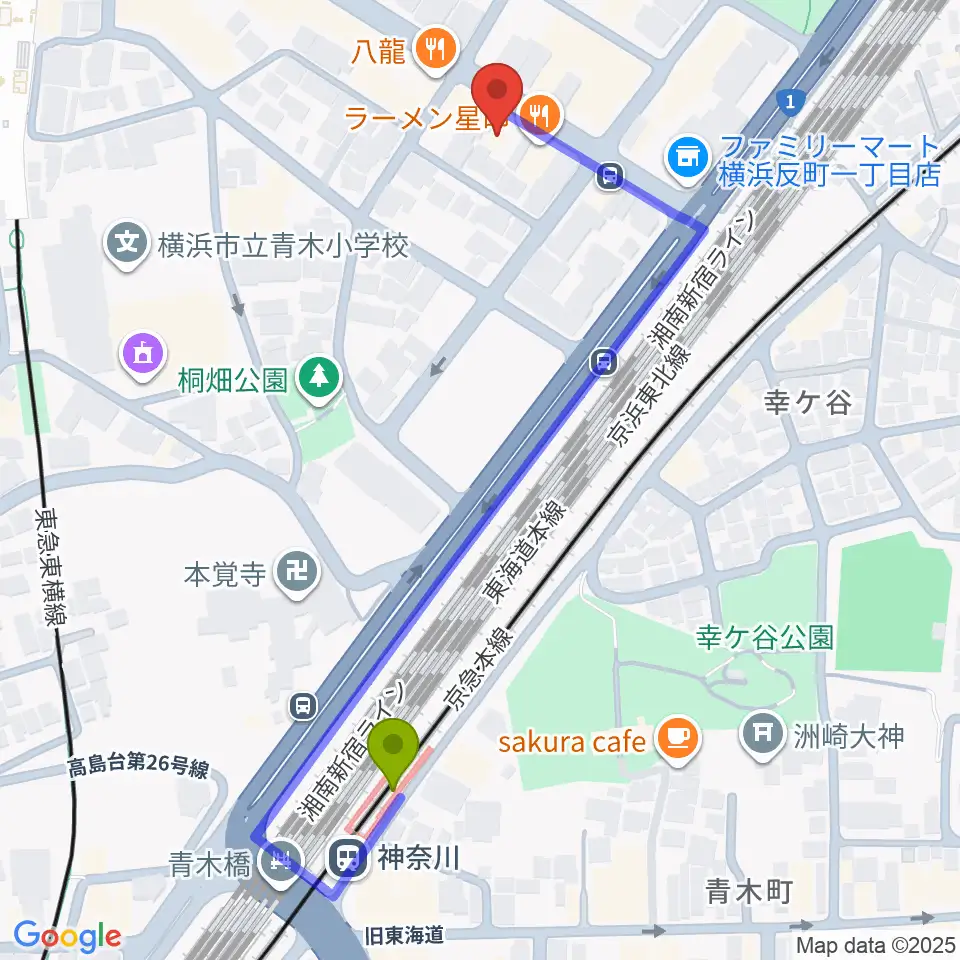 神奈川駅からSTUDIO楽 横浜反町店へのルートマップ地図