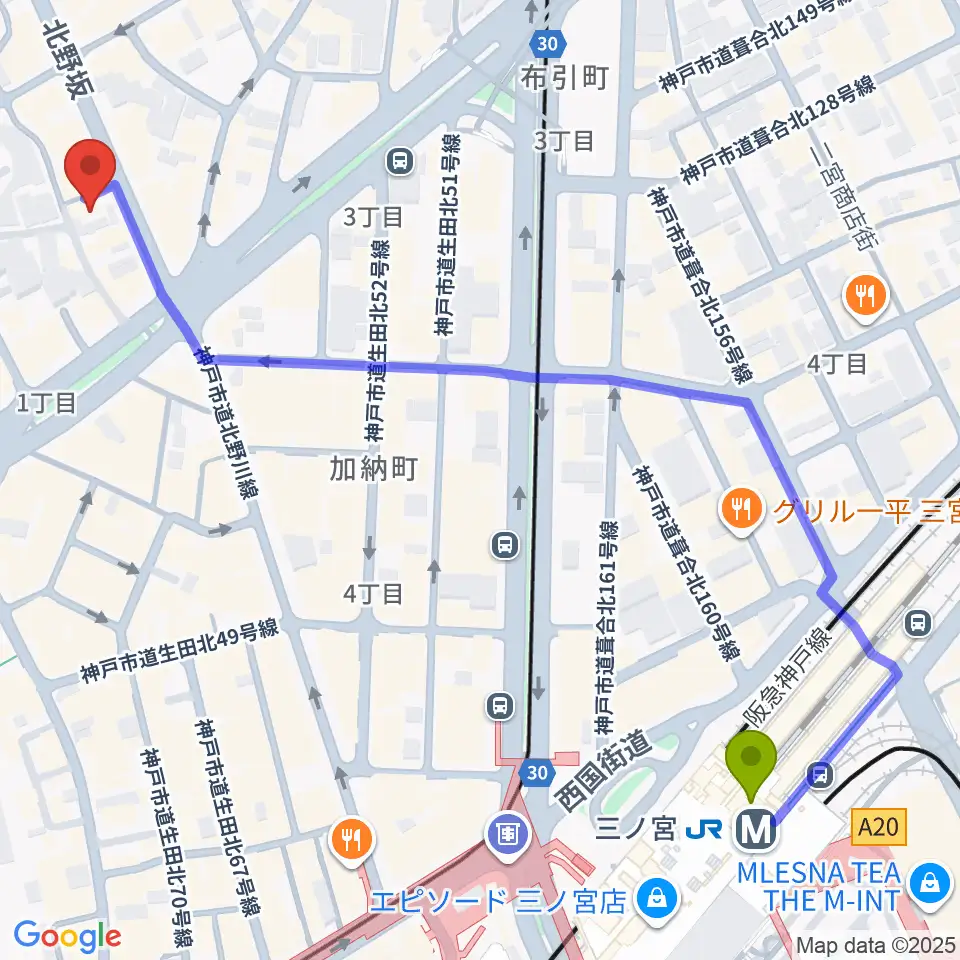 神戸SONEの最寄駅三ノ宮駅からの徒歩ルート（約7分）地図