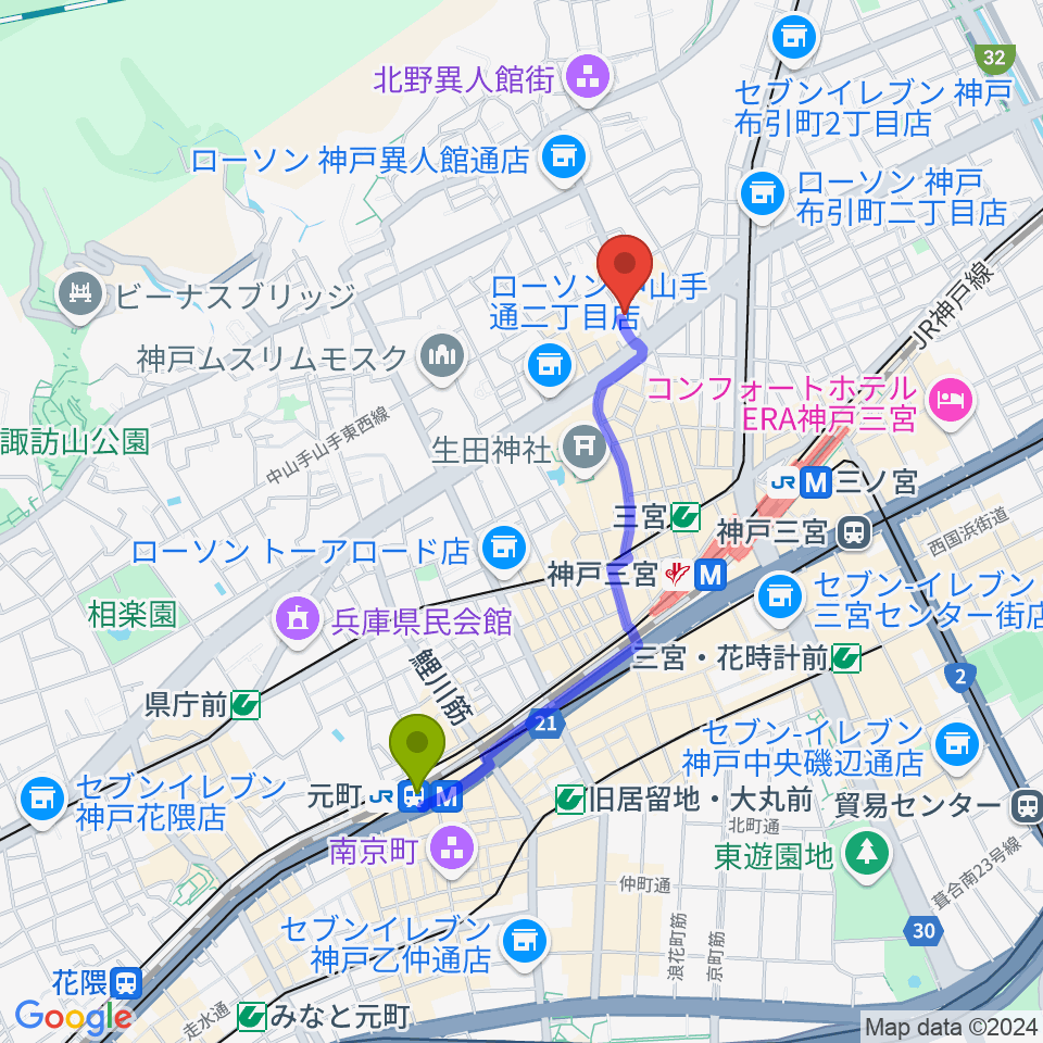 元町駅から神戸SONEへのルートマップ地図