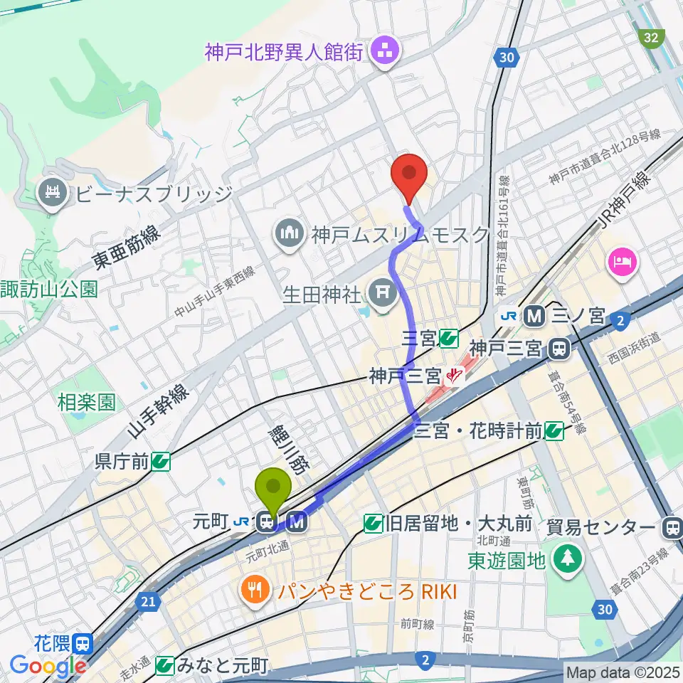 元町駅から神戸SONEへのルートマップ地図