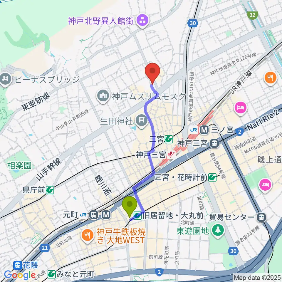 旧居留地・大丸前駅から神戸SONEへのルートマップ地図