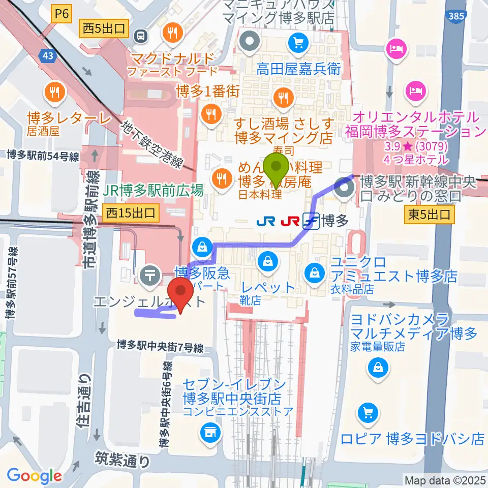 HMV&BOOKS HAKATAの最寄駅博多駅からの徒歩ルート（約3分）地図