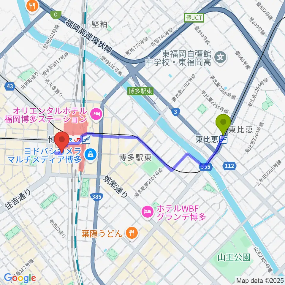 東比恵駅からHMV&BOOKS HAKATAへのルートマップ地図