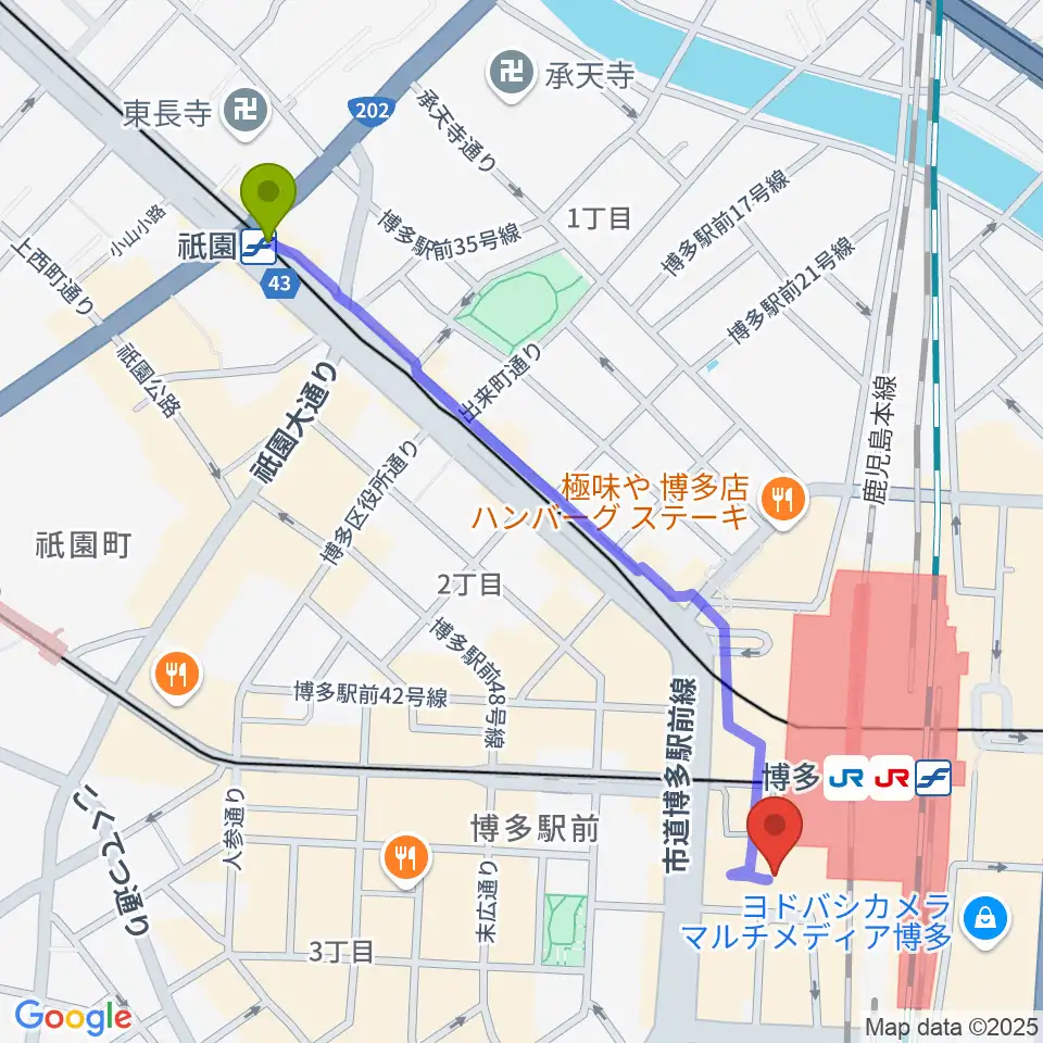 祇園駅からHMV&BOOKS HAKATAへのルートマップ地図