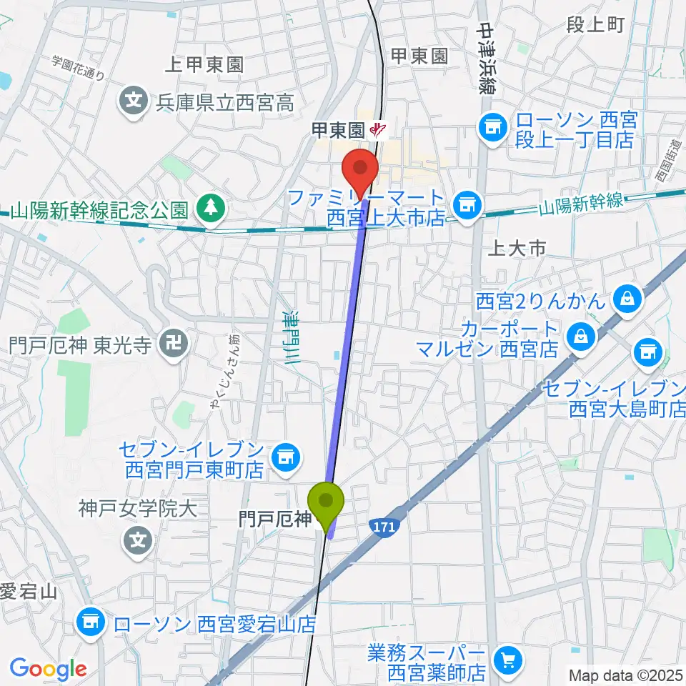 門戸厄神駅からWARP STUDIOへのルートマップ地図