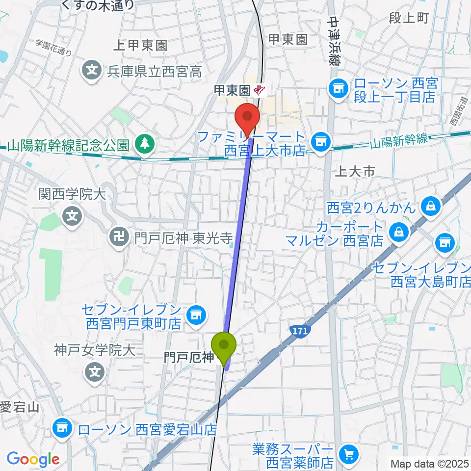 門戸厄神駅からWARP STUDIOへのルートマップ地図