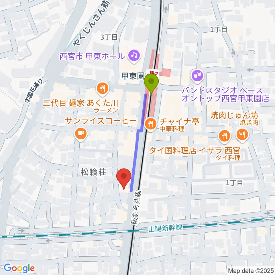 WARP STUDIOの最寄駅甲東園駅からの徒歩ルート（約3分）地図