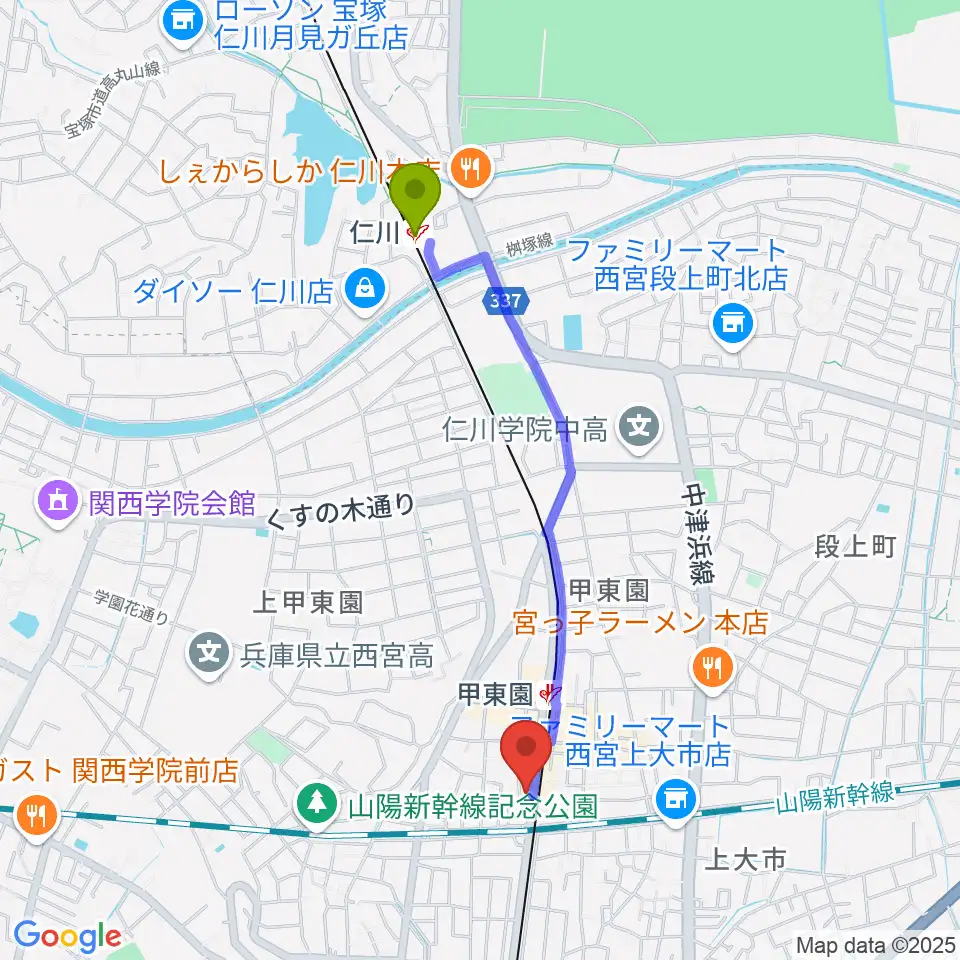 仁川駅からWARP STUDIOへのルートマップ地図