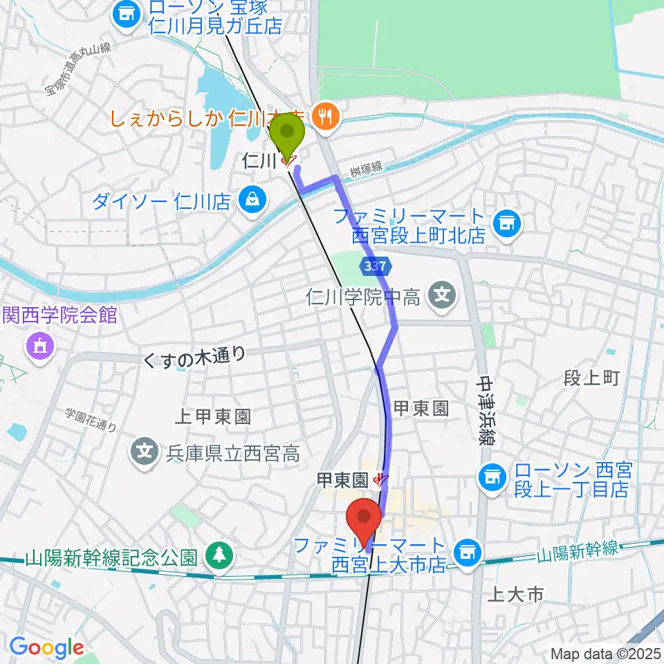仁川駅からWARP STUDIOへのルートマップ地図