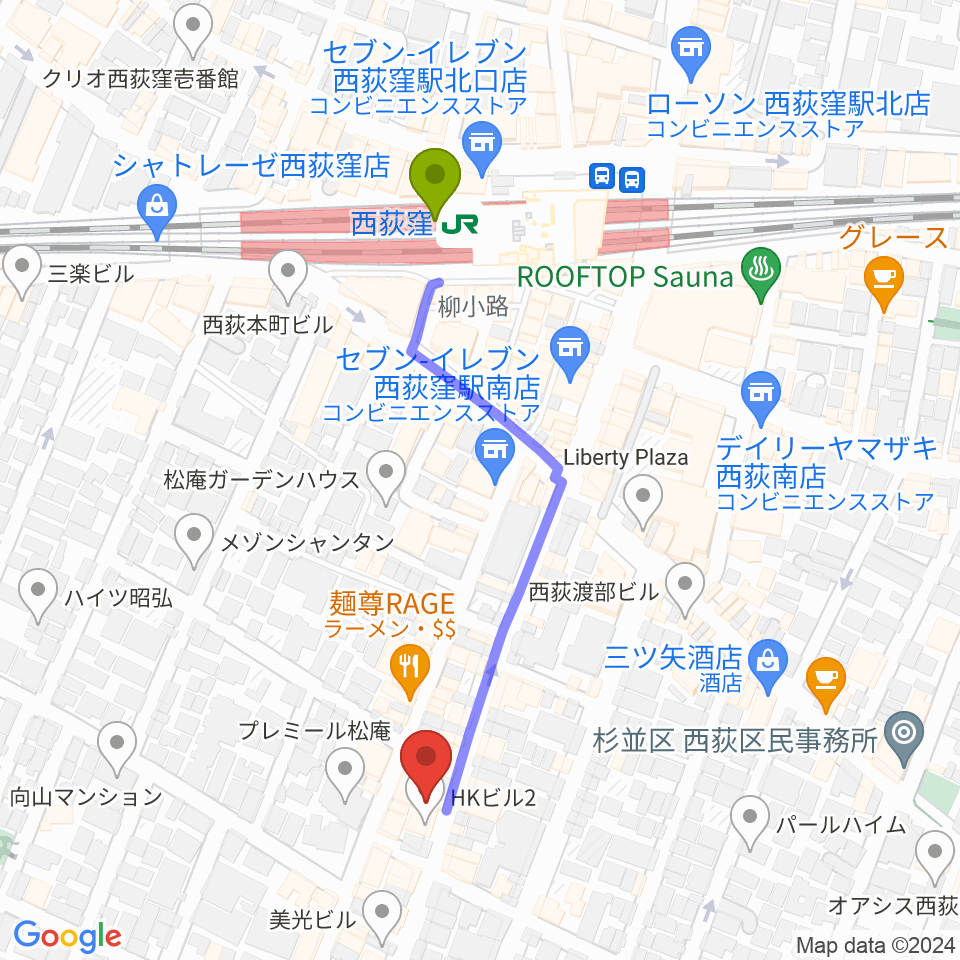 西荻窪ミントンハウスの最寄駅西荻窪駅からの徒歩ルート（約5分）地図