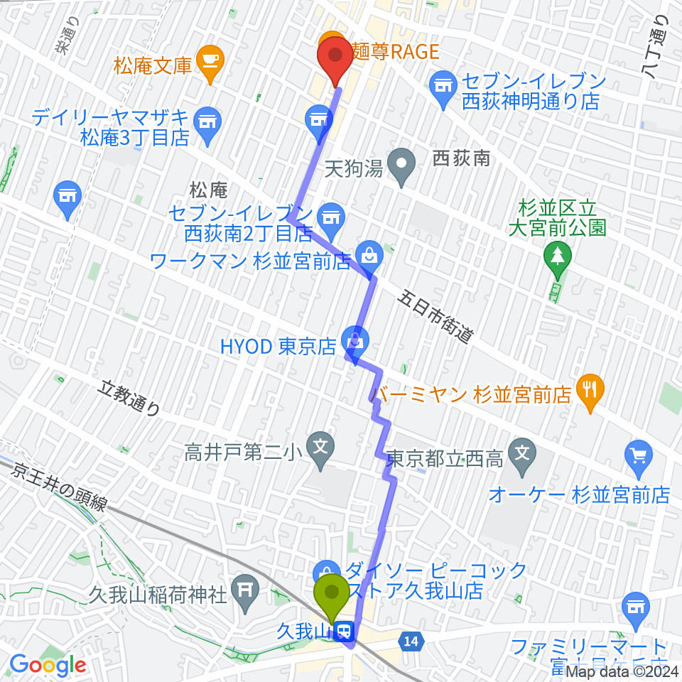 久我山駅から西荻窪ミントンハウスへのルートマップ地図
