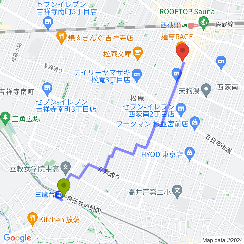 三鷹台駅から西荻窪ミントンハウスへのルートマップ地図