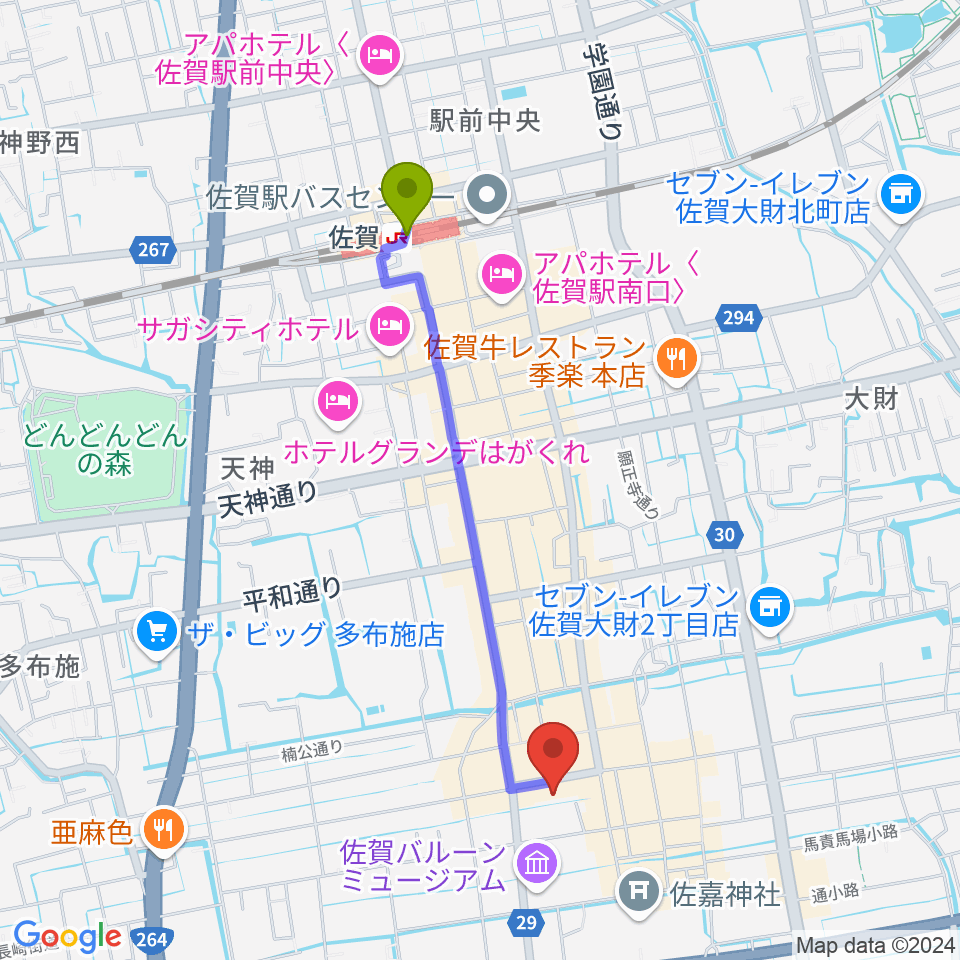 城島弘幸ギター教室の最寄駅佐賀駅からの徒歩ルート（約19分）地図