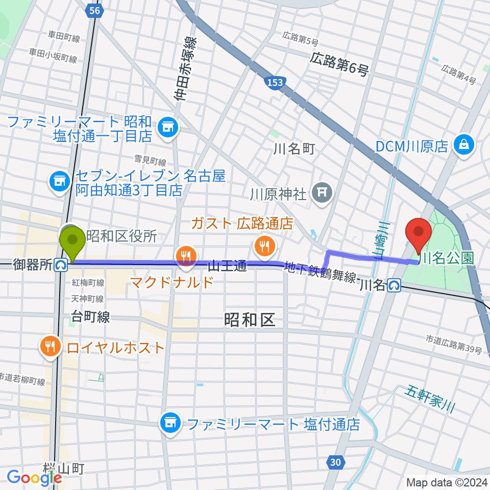 御器所駅から昭和文化小劇場へのルートマップ地図