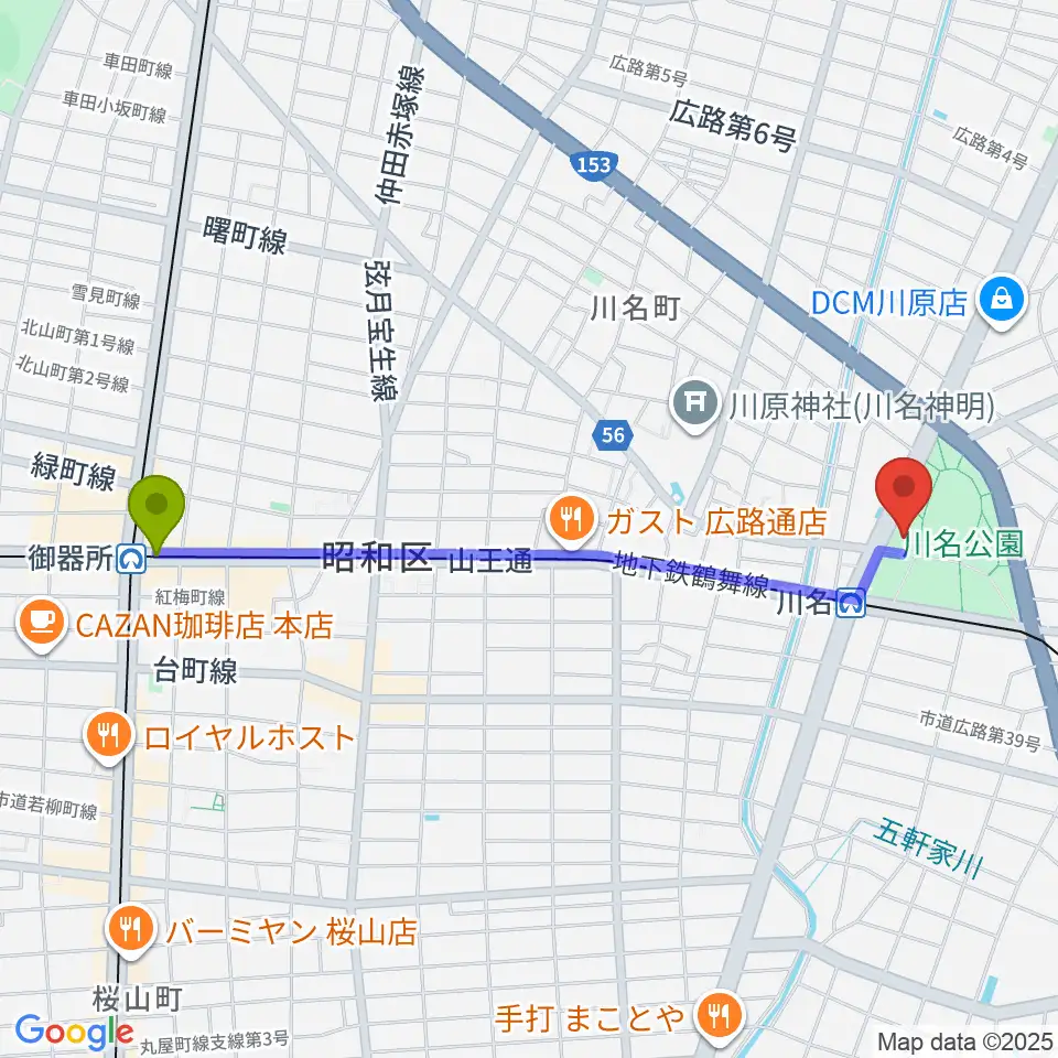 御器所駅から昭和文化小劇場へのルートマップ地図