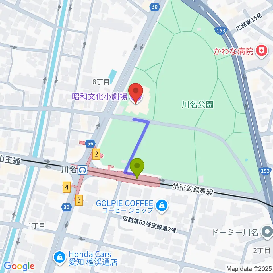 昭和文化小劇場の最寄駅川名駅からの徒歩ルート（約2分）地図