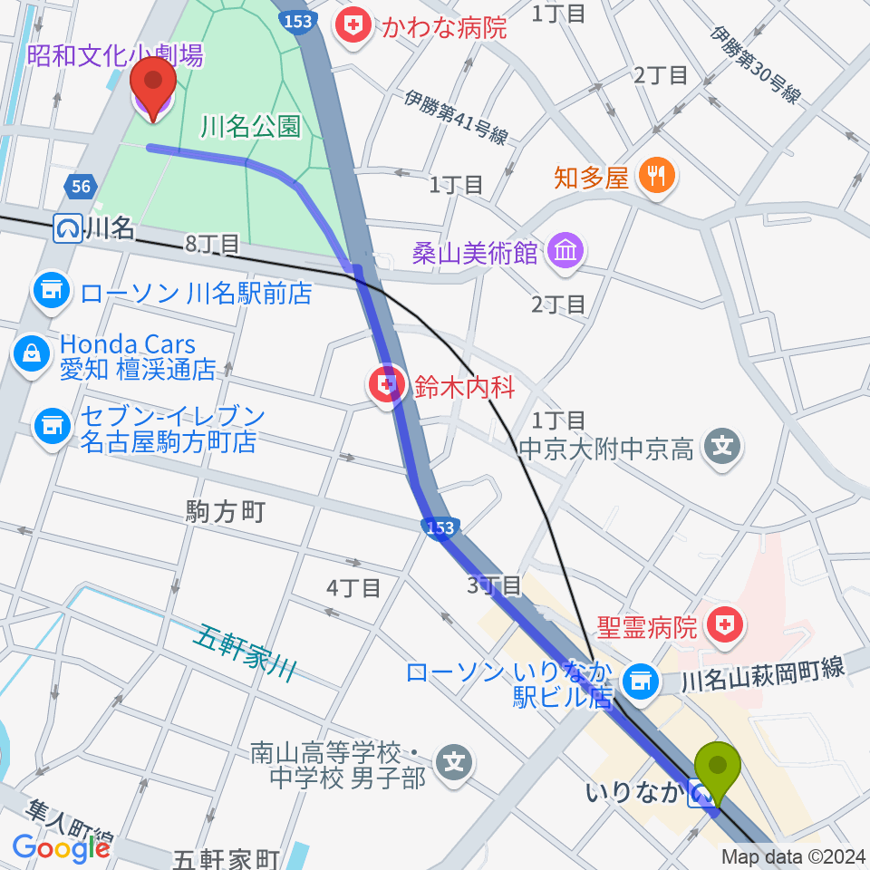 いりなか駅から昭和文化小劇場へのルートマップ地図