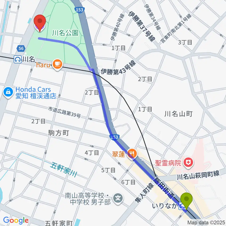 いりなか駅から昭和文化小劇場へのルートマップ地図