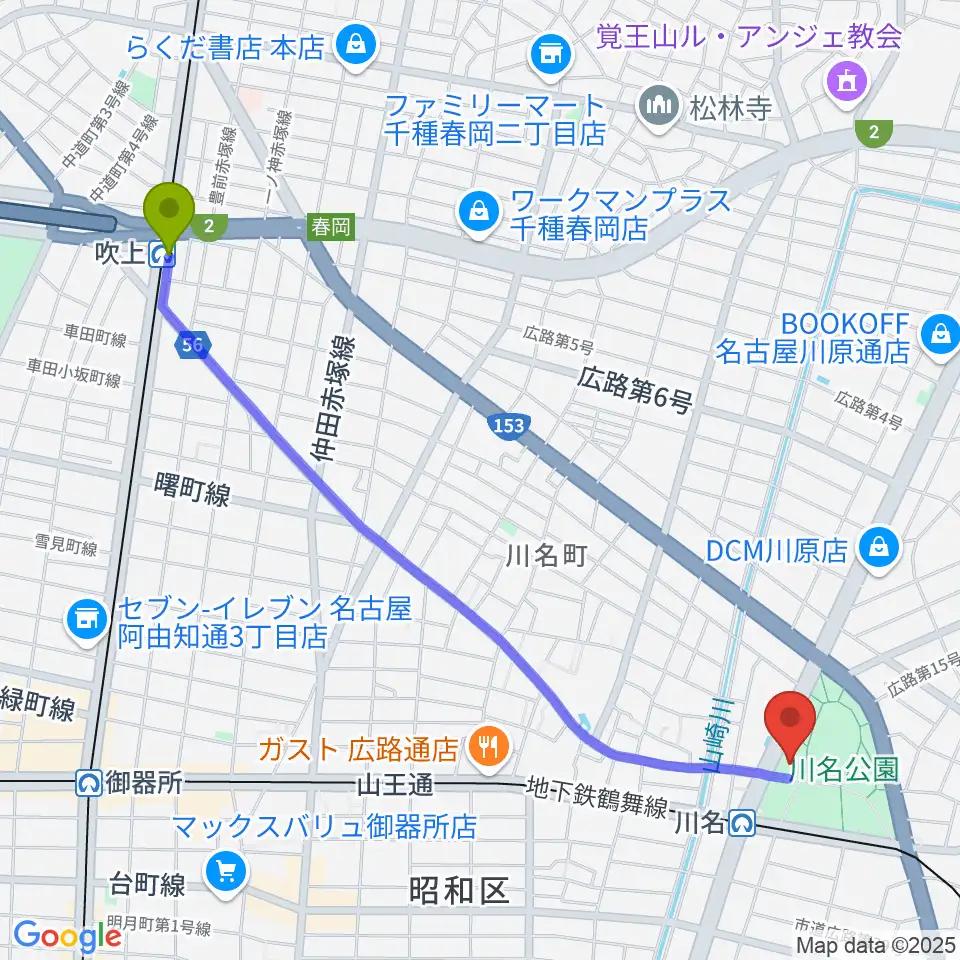 吹上駅から昭和文化小劇場へのルートマップ地図