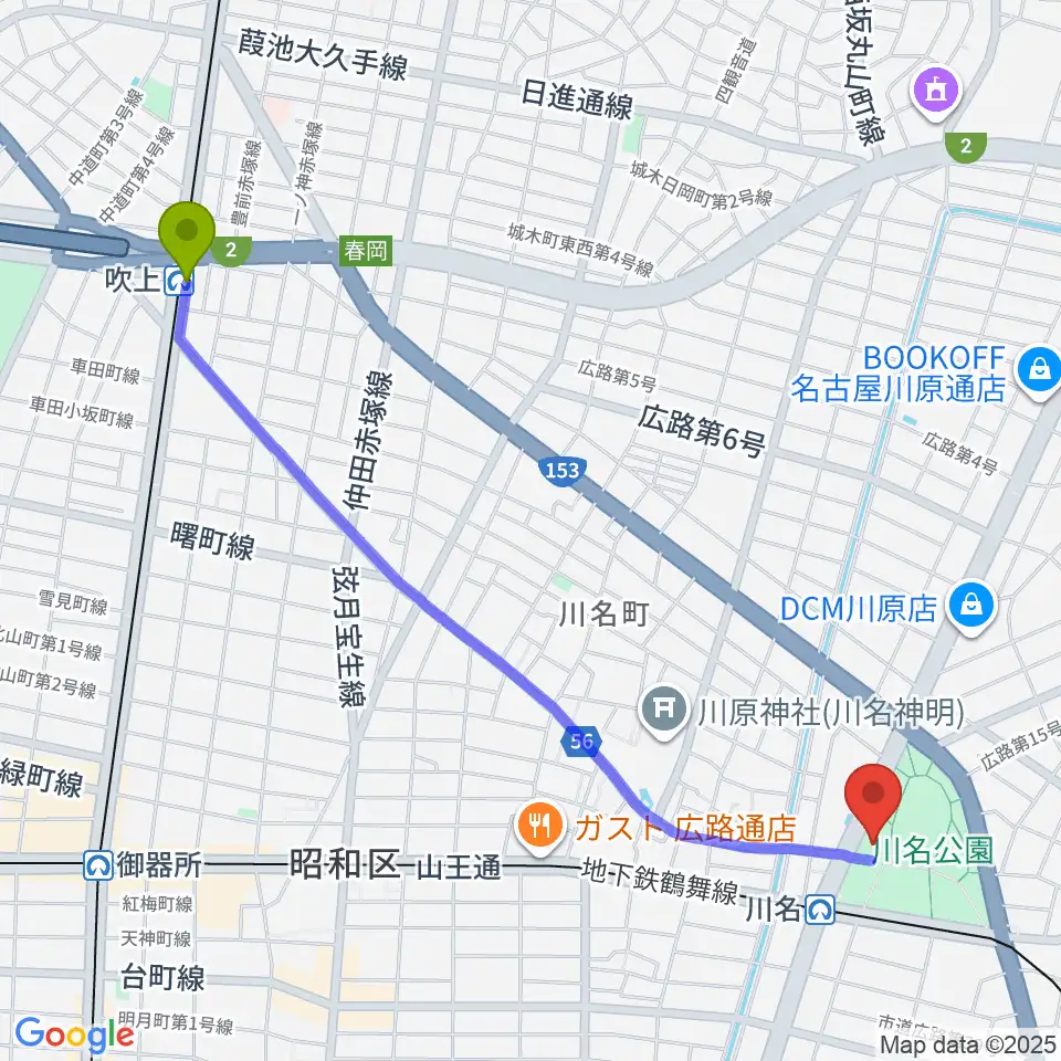 吹上駅から昭和文化小劇場へのルートマップ地図