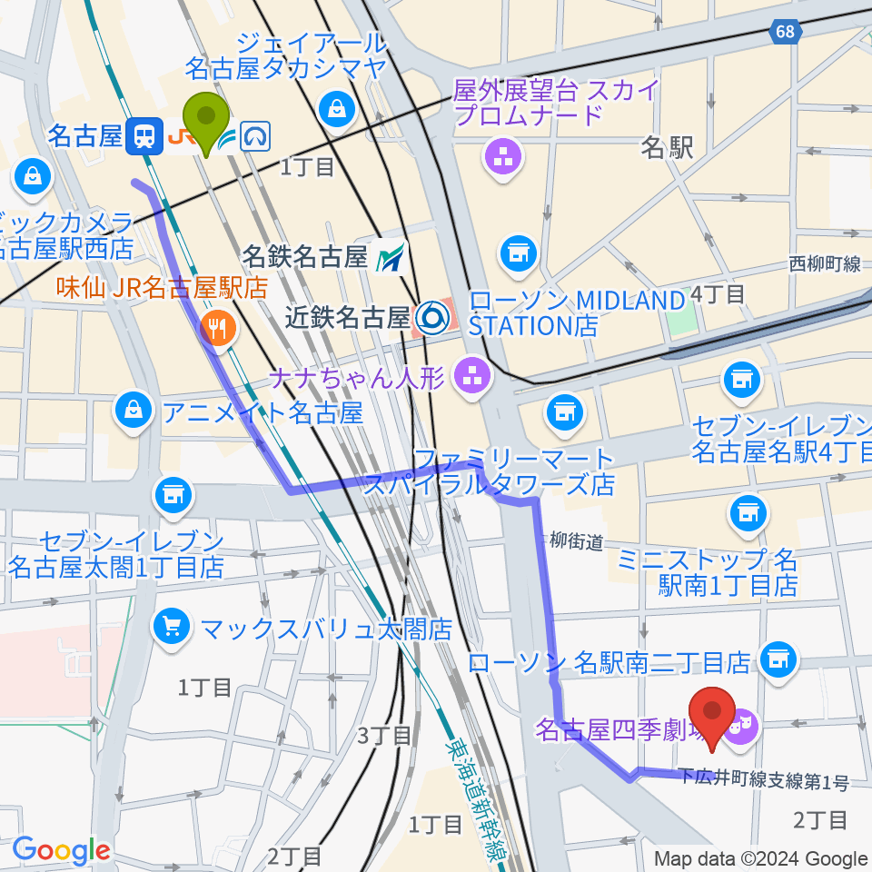 名古屋駅から名古屋四季劇場へのルートマップ地図