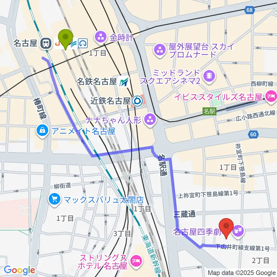 名古屋駅から名古屋四季劇場へのルートマップ地図