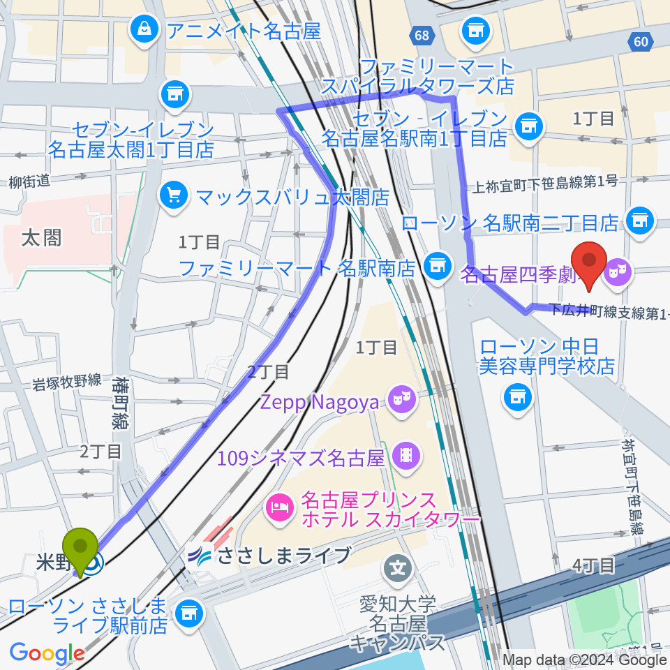 米野駅から名古屋四季劇場へのルートマップ地図