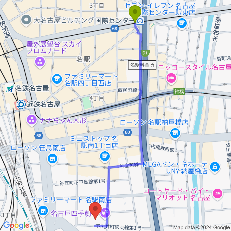 名古屋四季劇場の最寄駅国際センター駅からの徒歩ルート（約14分）地図