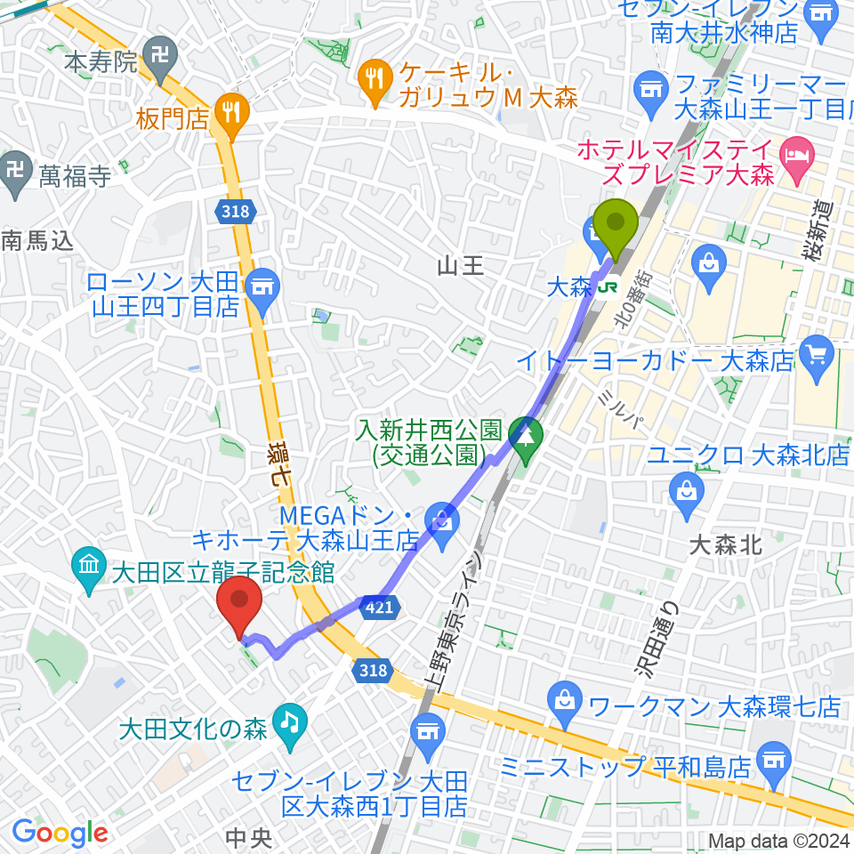 瀬山弦楽器工房の最寄駅大森駅からの徒歩ルート（約19分）地図