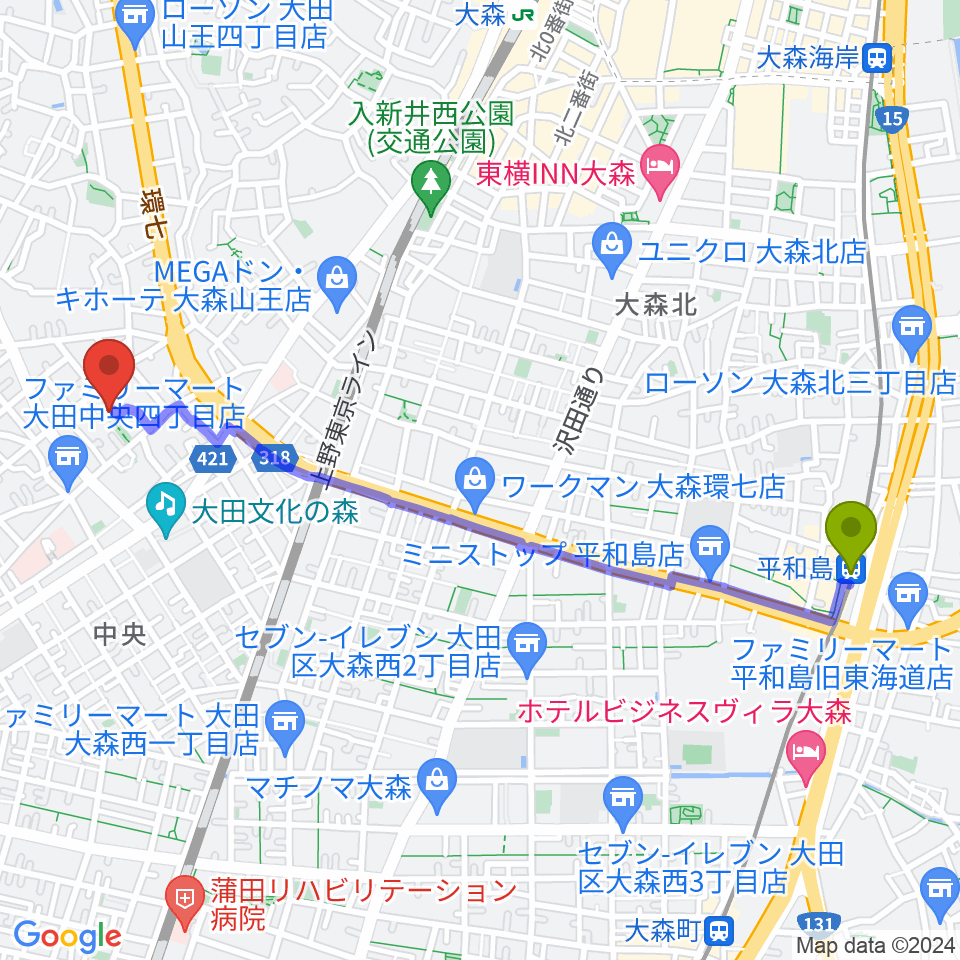 平和島駅から瀬山弦楽器工房へのルートマップ地図