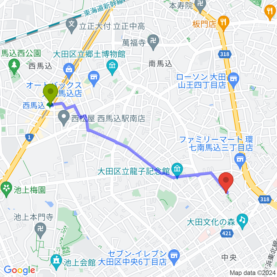 西馬込駅から瀬山弦楽器工房へのルートマップ地図