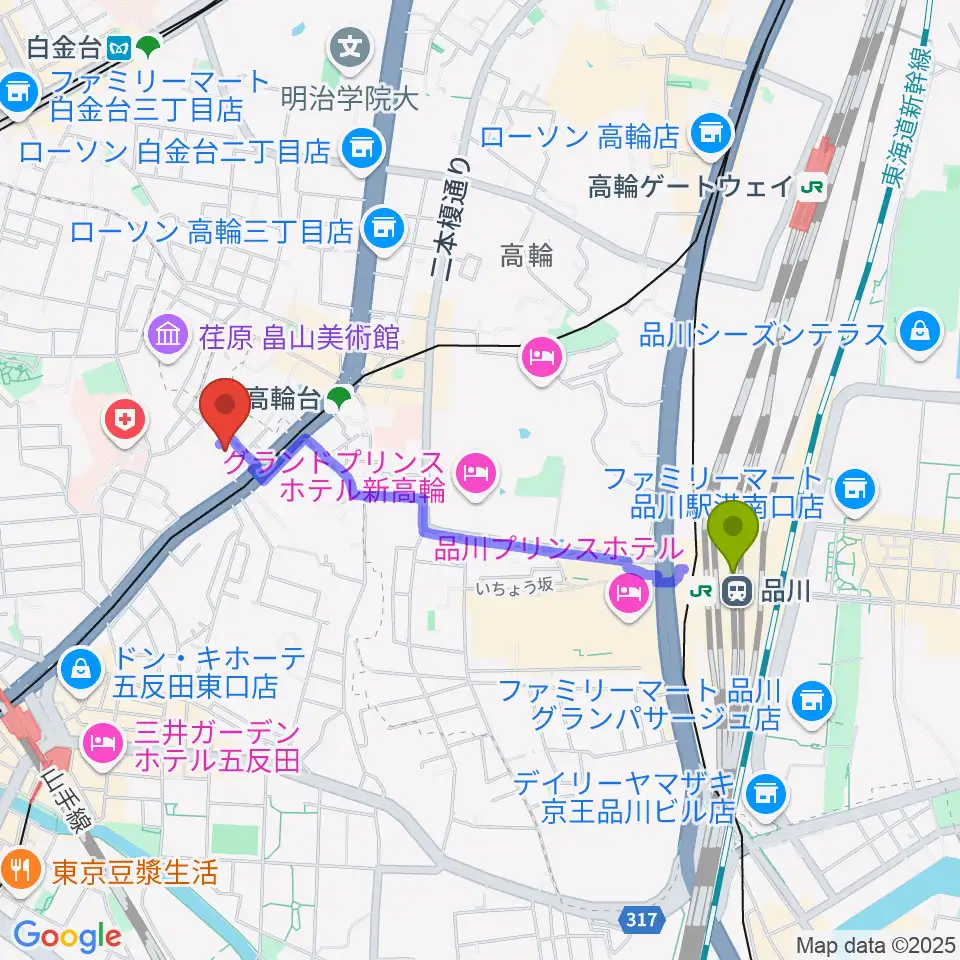 品川駅からあげいし弦楽器工房へのルートマップ地図