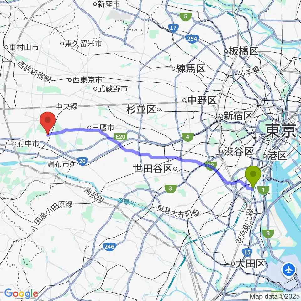 品川駅からあげいし弦楽器工房へのルートマップ地図