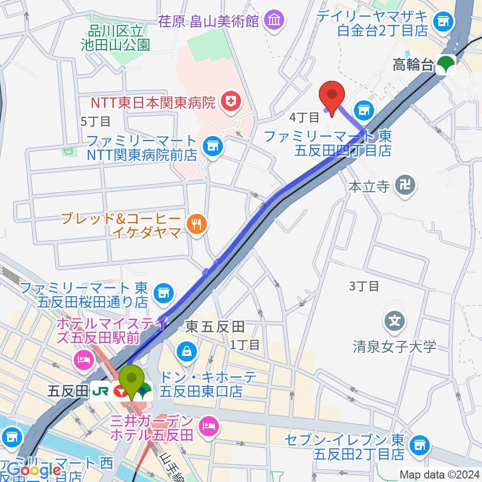 五反田駅からあげいし弦楽器工房へのルートマップ地図