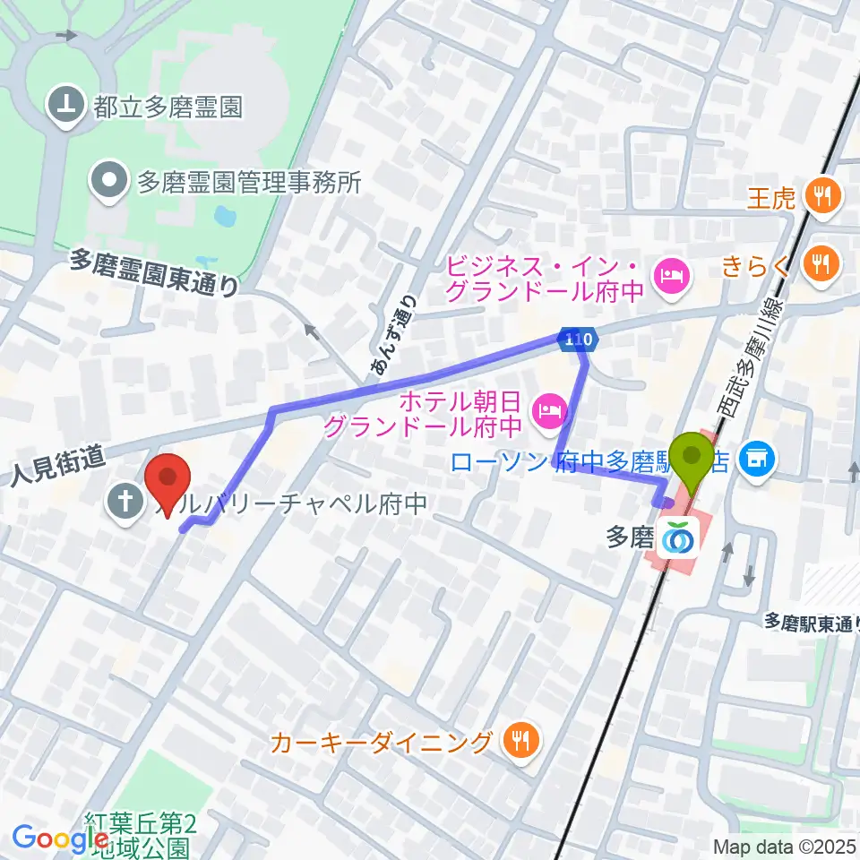 あげいし弦楽器工房の最寄駅多磨駅からの徒歩ルート（約5分）地図
