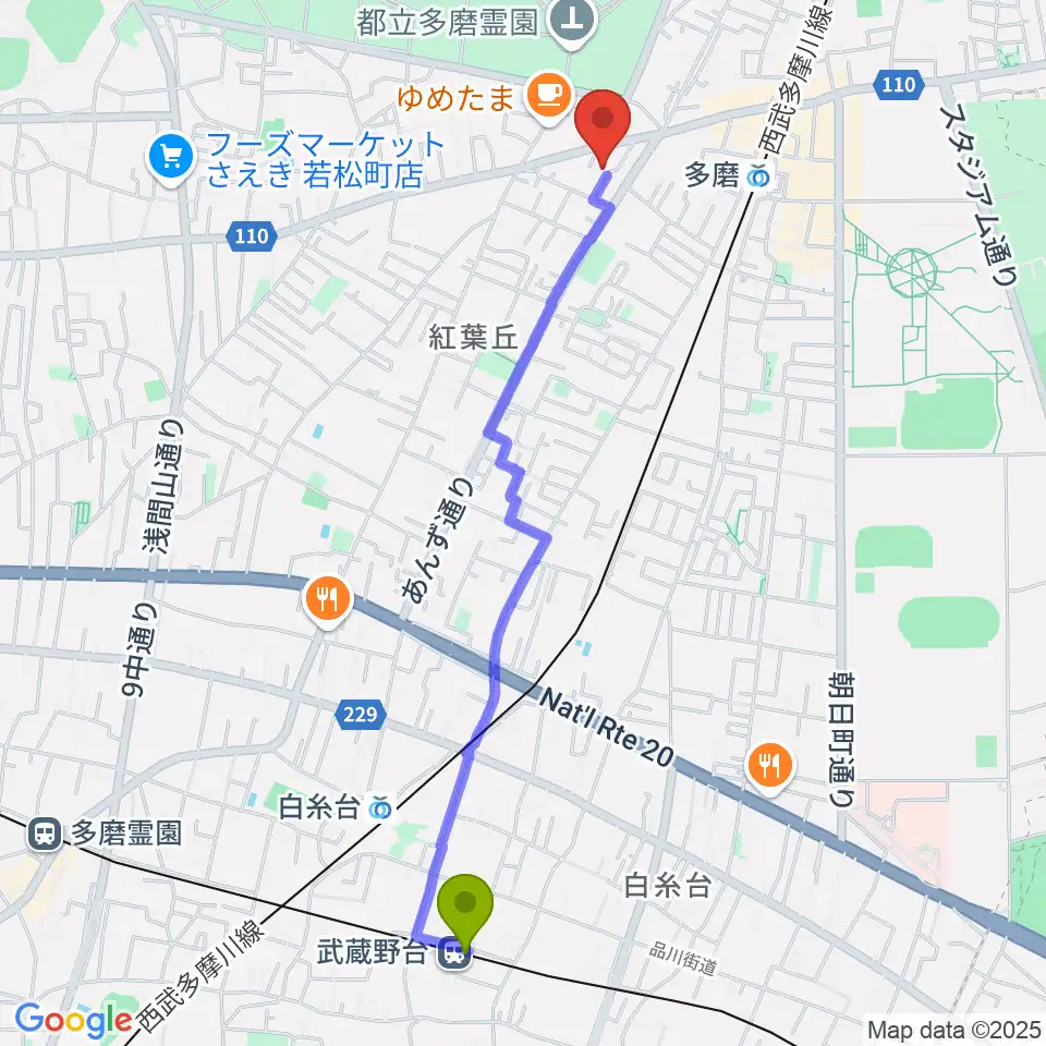 武蔵野台駅からあげいし弦楽器工房へのルートマップ地図