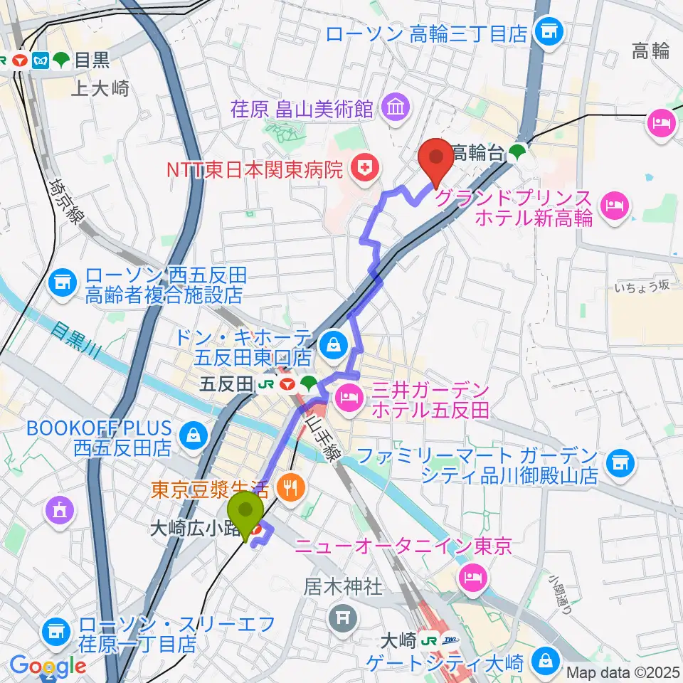 大崎広小路駅からあげいし弦楽器工房へのルートマップ地図