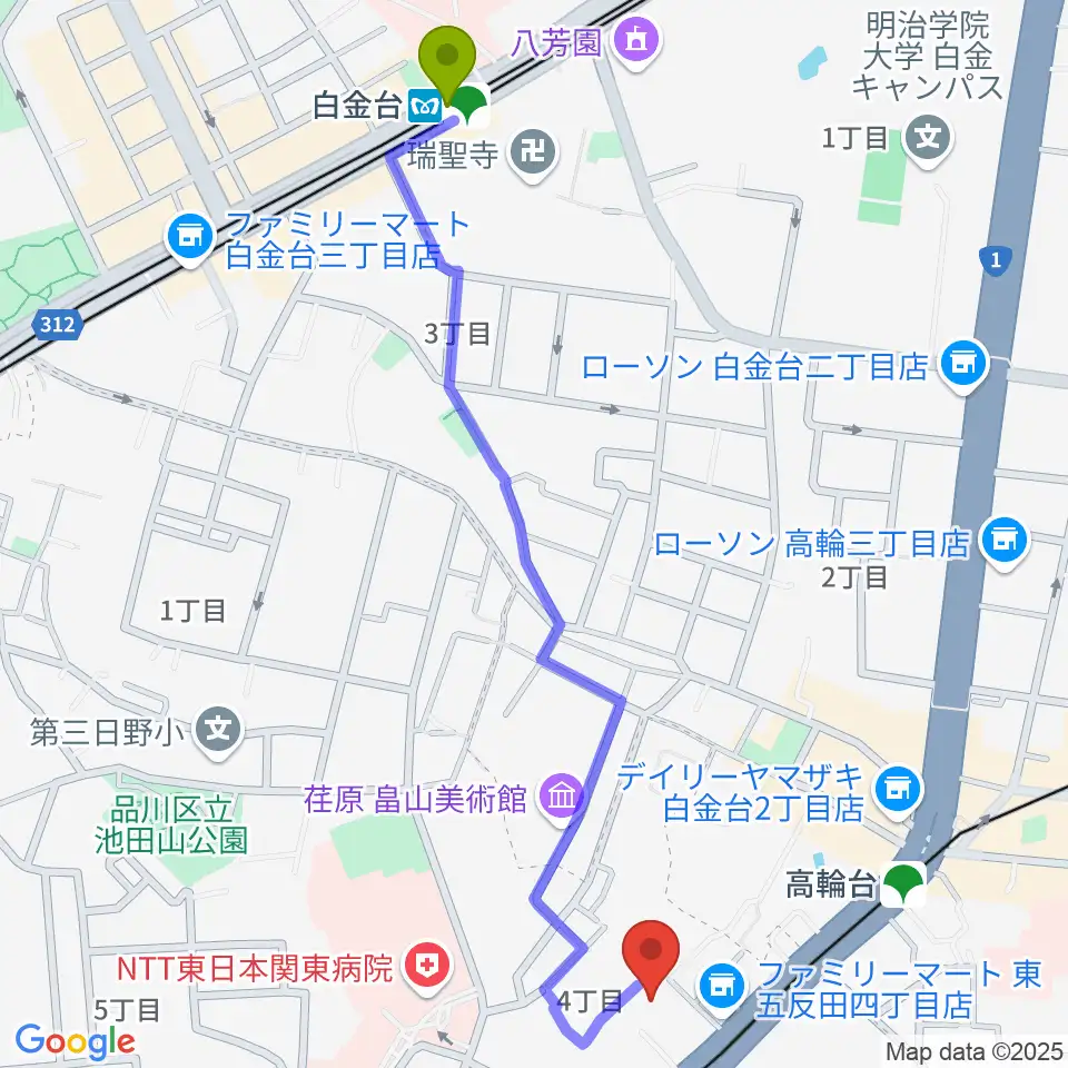 白金台駅からあげいし弦楽器工房へのルートマップ地図