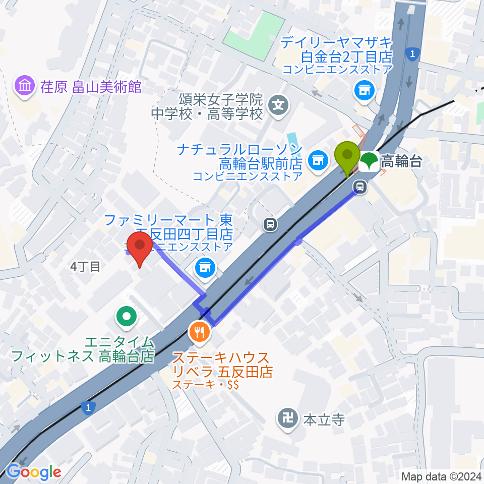 あげいし弦楽器工房の最寄駅高輪台駅からの徒歩ルート（約4分）地図