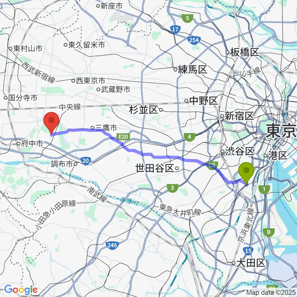 高輪台駅からあげいし弦楽器工房へのルートマップ地図