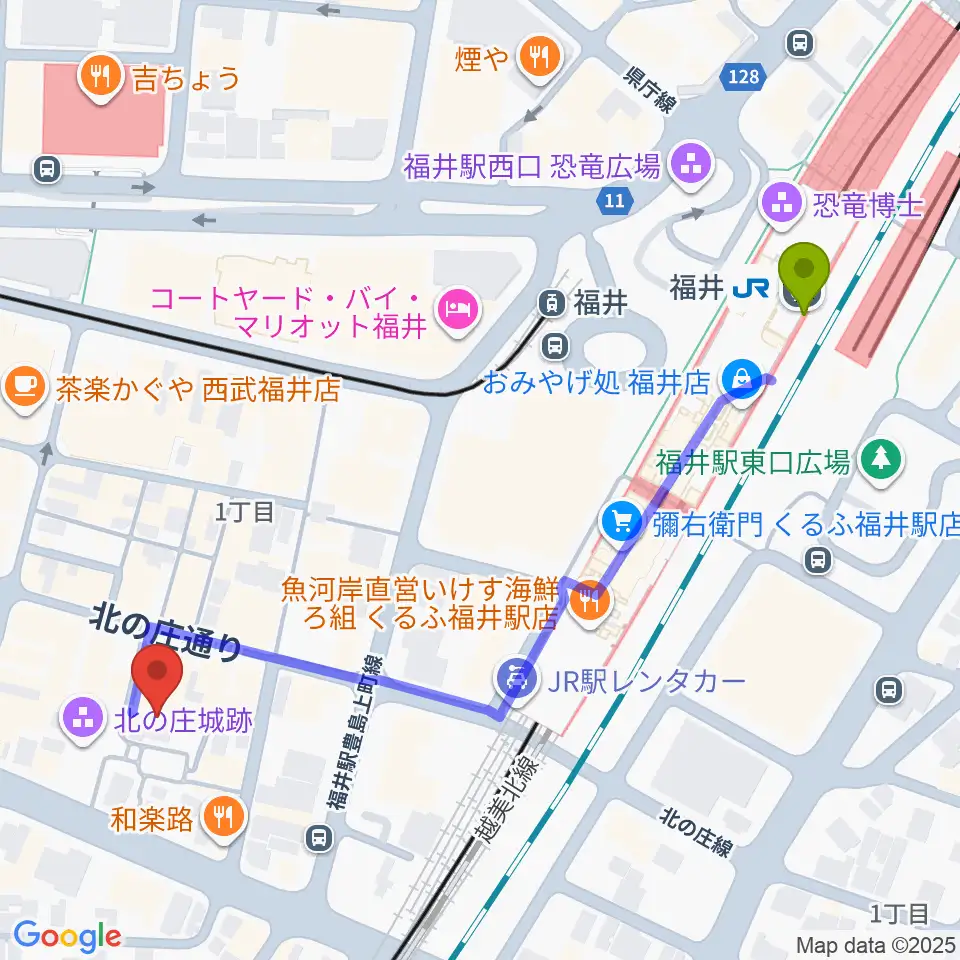 北ノ庄クラシックスの最寄駅福井駅からの徒歩ルート（約6分）地図