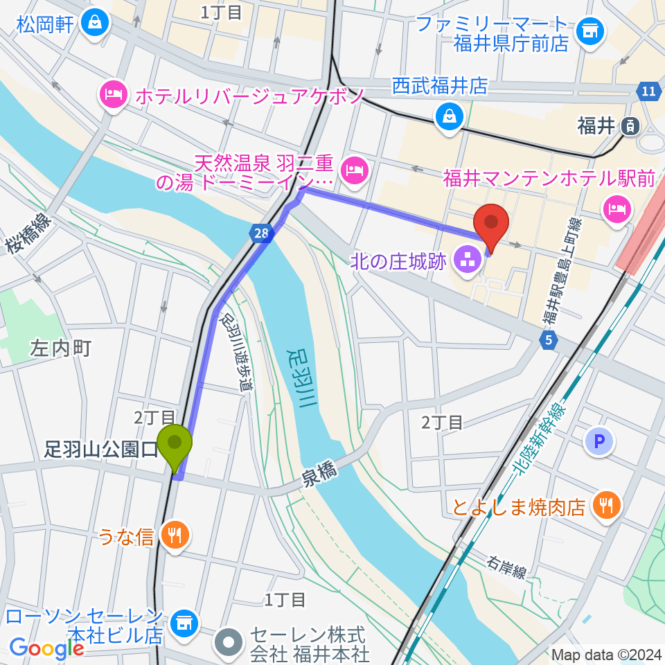 足羽山公園口駅から福井 北ノ庄クラシックスへのルートマップ地図