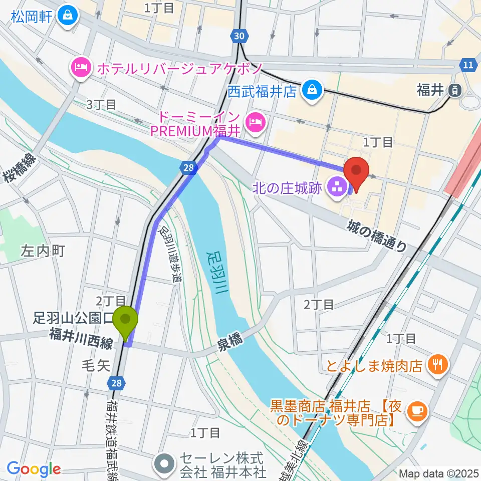 足羽山公園口駅から北ノ庄クラシックスへのルートマップ地図