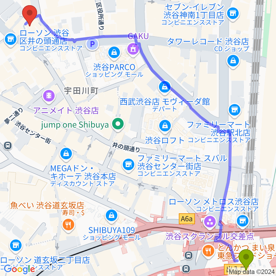 渋谷NERDSの最寄駅渋谷駅からの徒歩ルート（約9分）地図