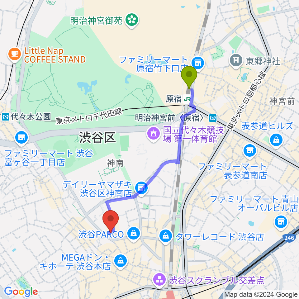 原宿駅から渋谷NERDSへのルートマップ地図