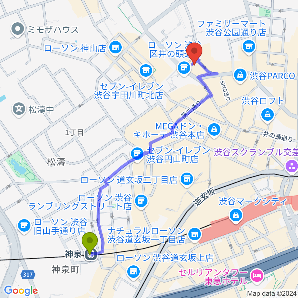 神泉駅から渋谷NERDSへのルートマップ地図