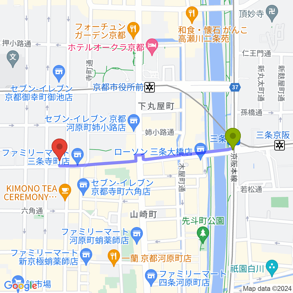 三条駅からLe club Jazzへのルートマップ地図