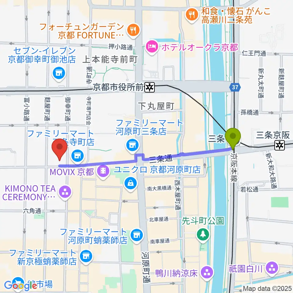 三条駅からLe club Jazzへのルートマップ地図